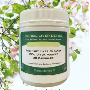 ALT. Stress Matters® Herbal Liver Detox – Two-Part Liver Cleanse with 150g D'Tox Powder & 28 Capsules, made with 100% natural certified organic herbs. Herbal support for a gentle and natural detox. Product displayed against a background of blooming flowers.